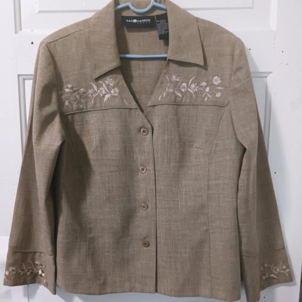 Sag Harbor Womans Beige Flower Embroidered Suit Jacket Sz 14